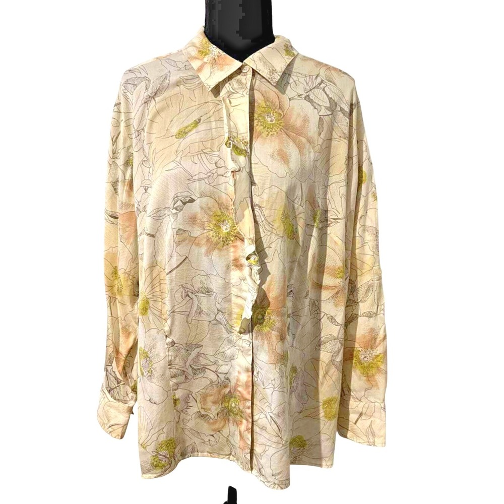 Talbots Petite Ruffle Button Front Shirt Creme Floral 20WP Cottagecore Romantic